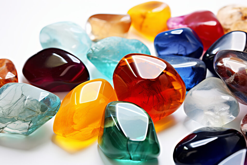 A stock photo of а several colorful rocks on a white surface, in the style of translucent planes, sparklecore, humble charm, neo geo, glossy finish, clear colors, --ar 3:2
